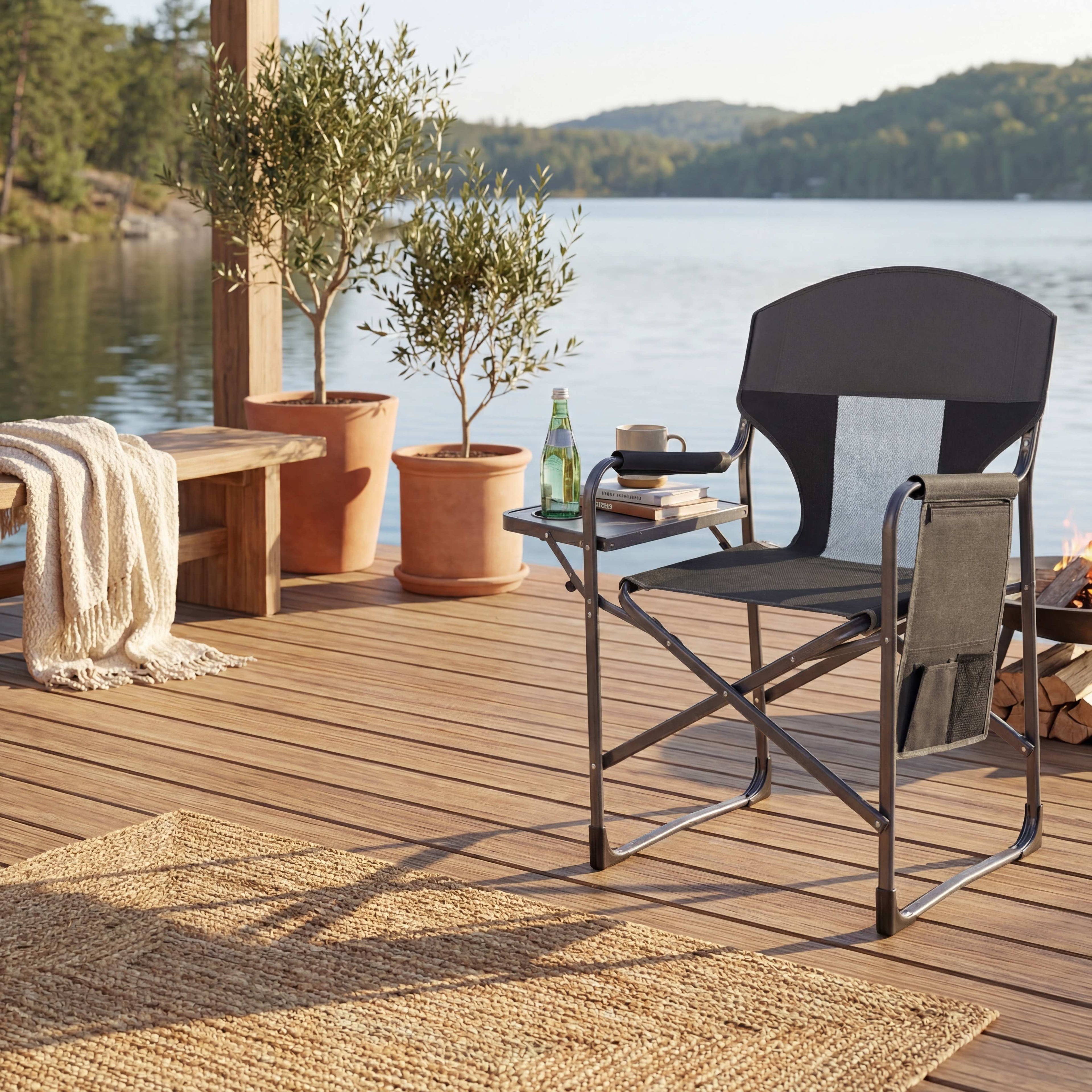 ELLEGNT 1 PCS Heavy Duty Folding Director's Chair-400 lbs Capacity, Padded, Side Table, Cup Holder, Storage Pocket, Black + Gray