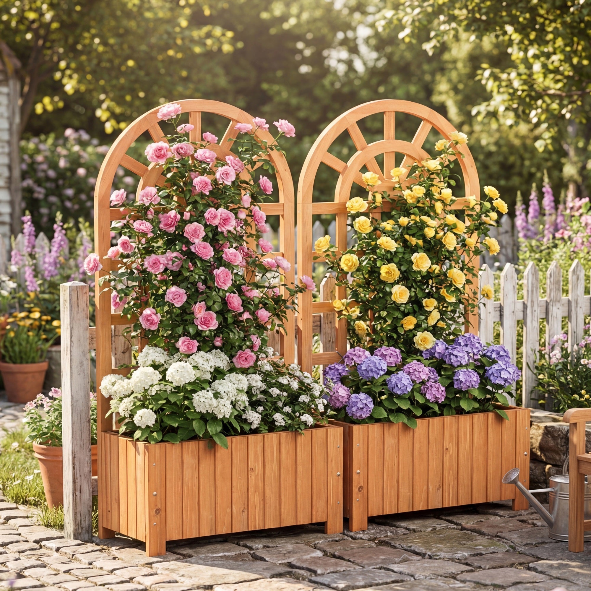 ELLEGNT 2 PCS Wooden Raised Garden Bed with Trellis-48 in Planter Box, Drainage Holes Brown