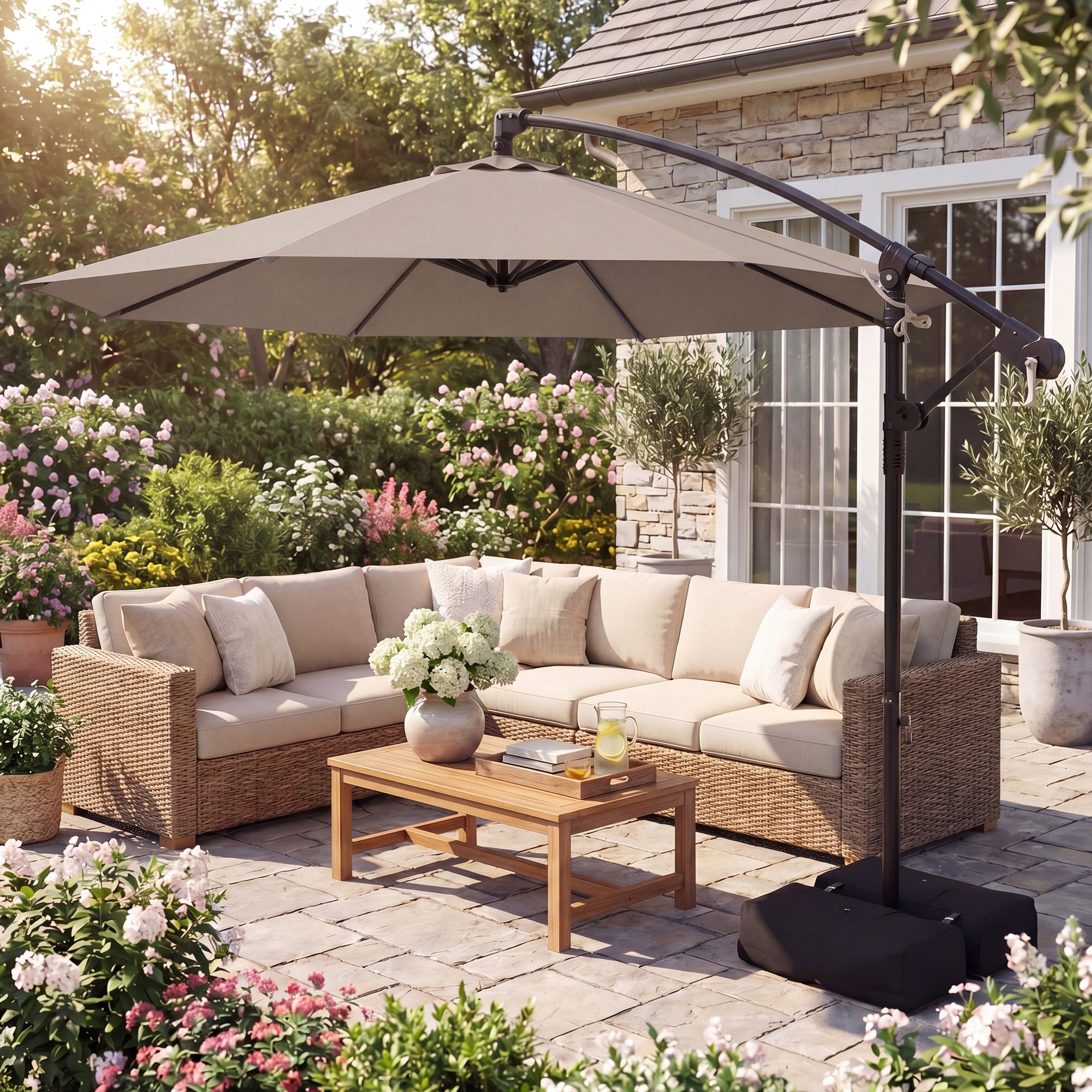ELLEGNT 10 FT Offset Cantilever Umbrella-Hanging Patio Umbrella with Base, 360¡ã Swivel, Brown