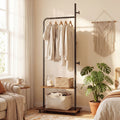 ELLEGNT Wooden Clothing Rack on Wheels-Freestanding Garment Stand with Hanging Rod
