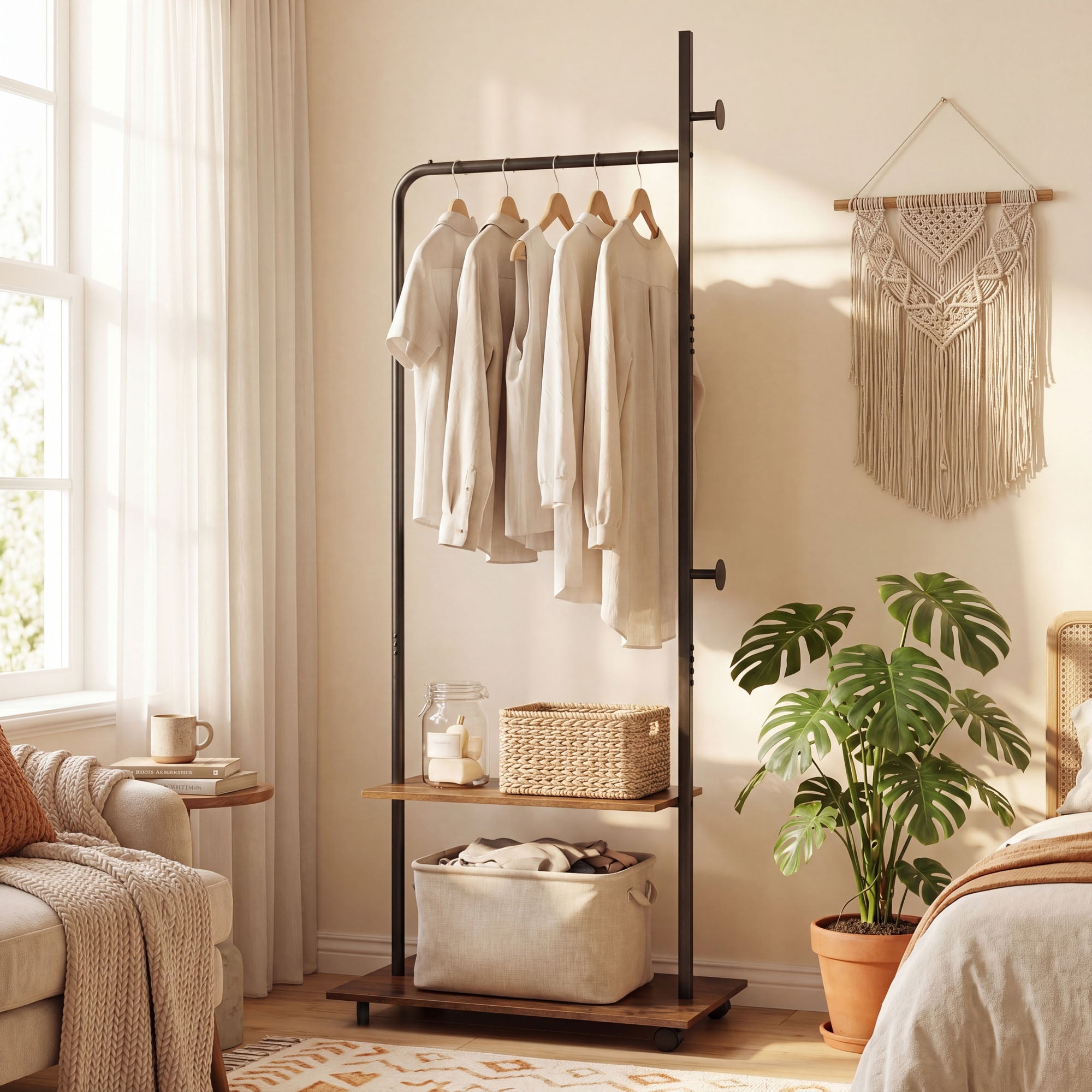 ELLEGNT Wooden Clothing Rack on Wheels-Freestanding Garment Stand with Hanging Rod