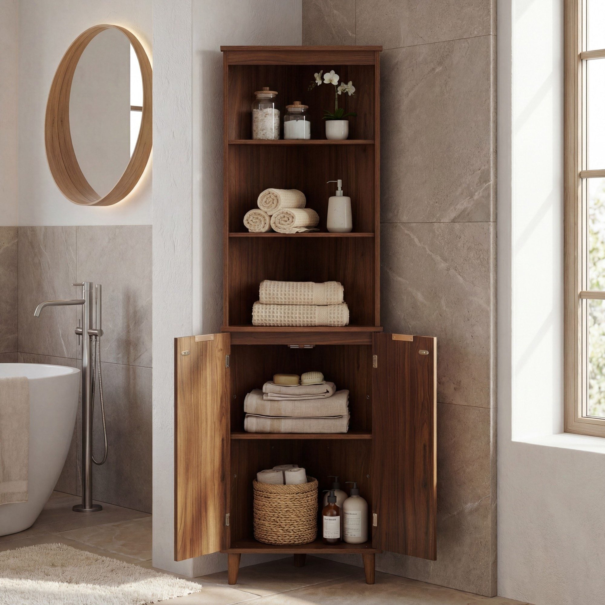ELLEGNT 68 in Corner Bathroom Storage Cabinet-6-Tier Space Saver with Fluted Doors, Tall Unit for Bathroom, Walnut