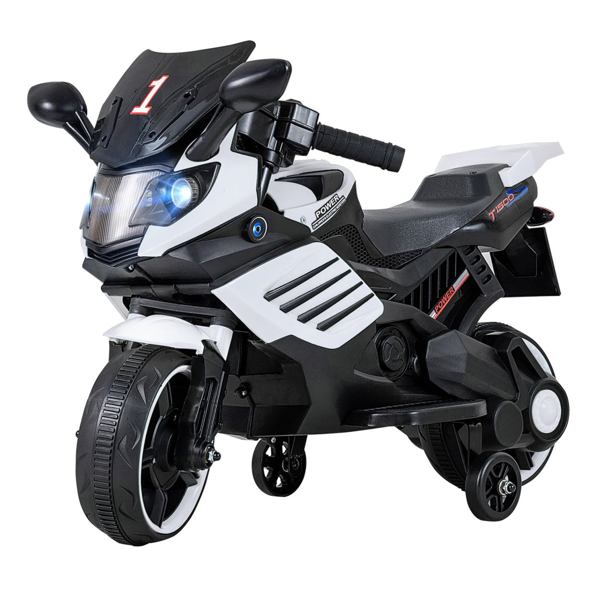 ELLEGNT 6V Kids Ride On Motorcycle with Removable Training Wheels, LED Lights, Music, Ages 3+, White