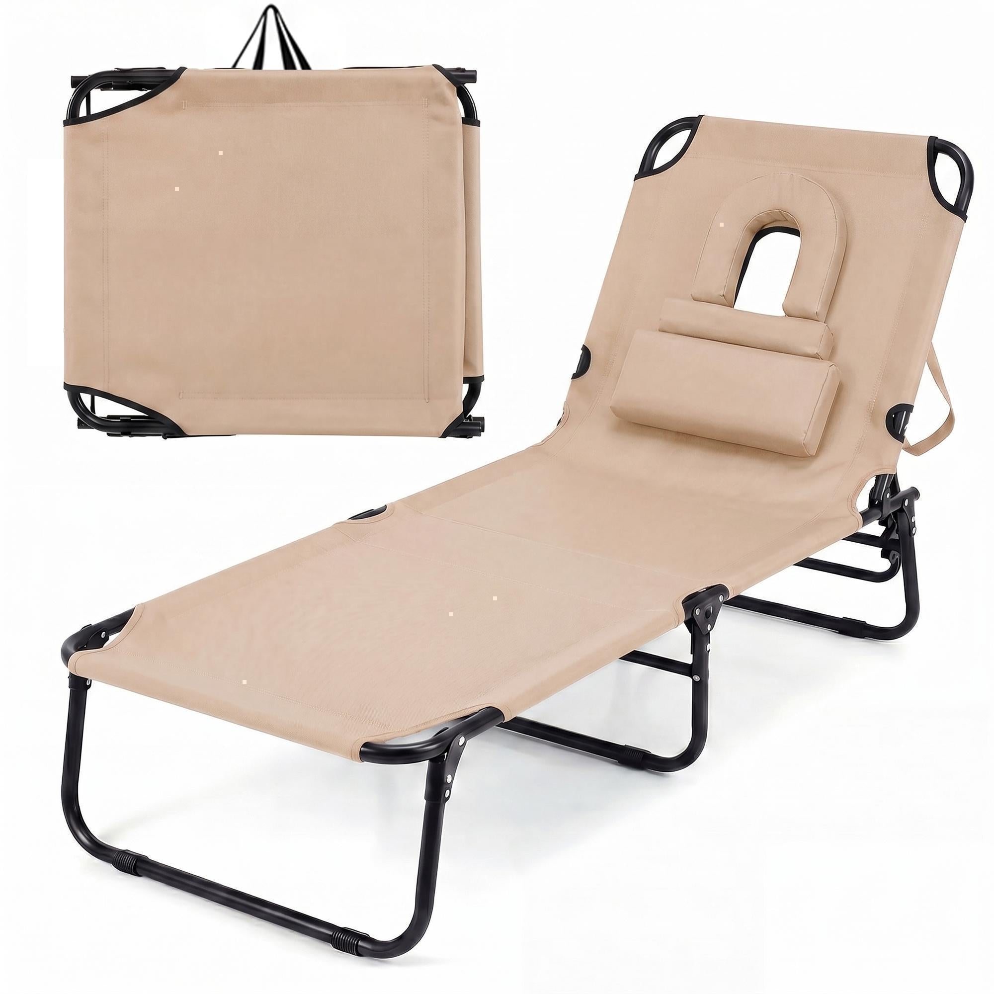 ELLEGNT 1 PCS Beach Lounger with 4?Position Reclining Backrest, Removable Pillows and Face Hole-Folding Design, Beige