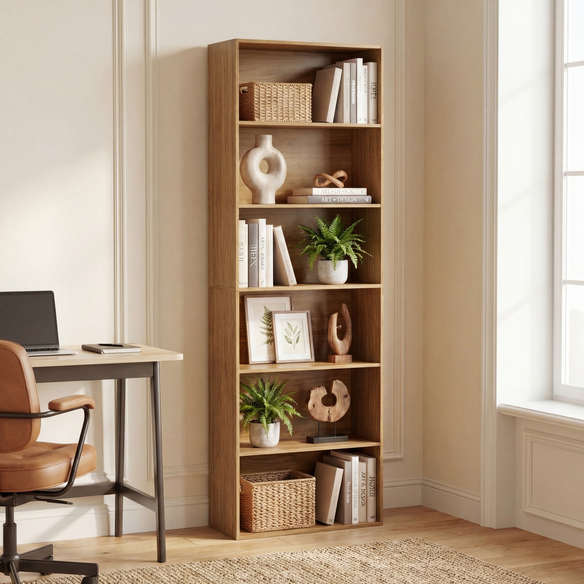 ELLEGNT 1 PCS 6-Tier Open Shelves Bookshelf with Anti-Tipping Kits- Storage Rack for Living Room, Bedroom, Study, Natural