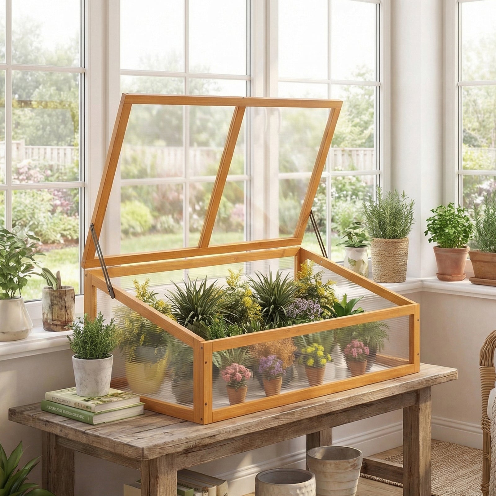 ELLEGNT Wooden Raised Garden Bed with Cold Frame Cover-Portable Greenhouse for Plant Protection