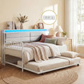 ELLEGNT Trundle Daybed with LED Lights and Charging Station-Upholstered Storage Headboard for Bedroom or Office, White