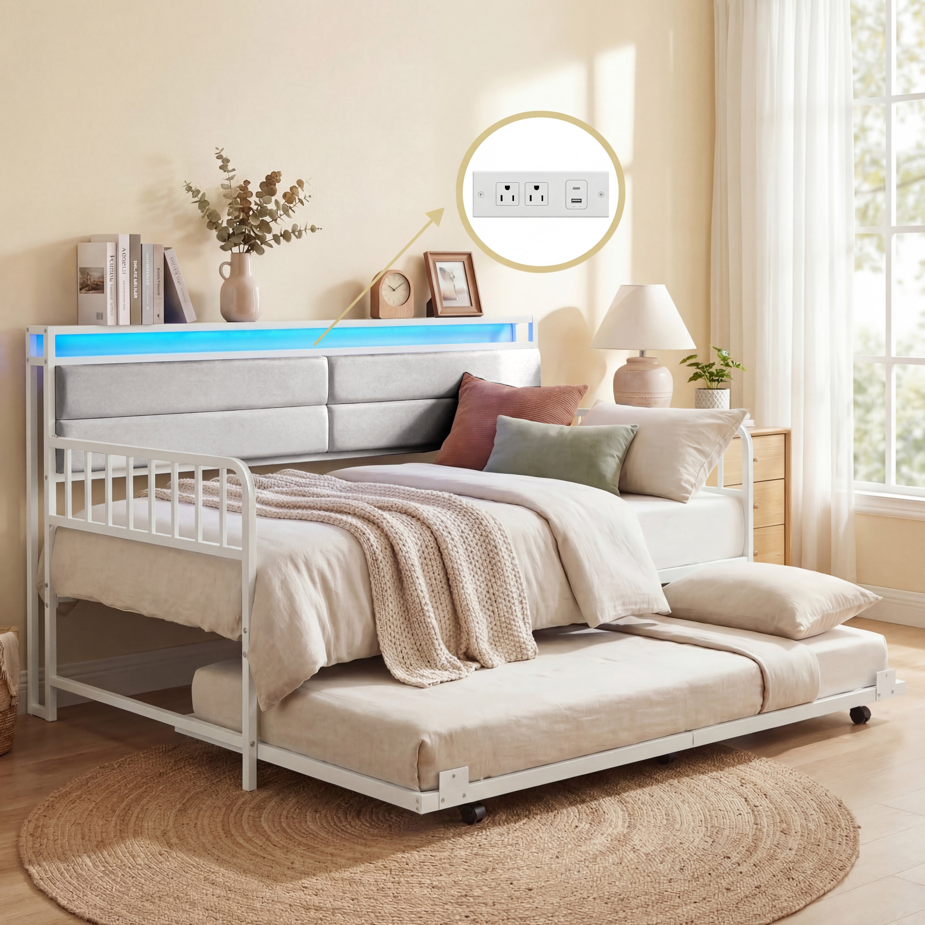 ELLEGNT Trundle Daybed with LED Lights and Charging Station-Upholstered Storage Headboard for Bedroom or Office, White
