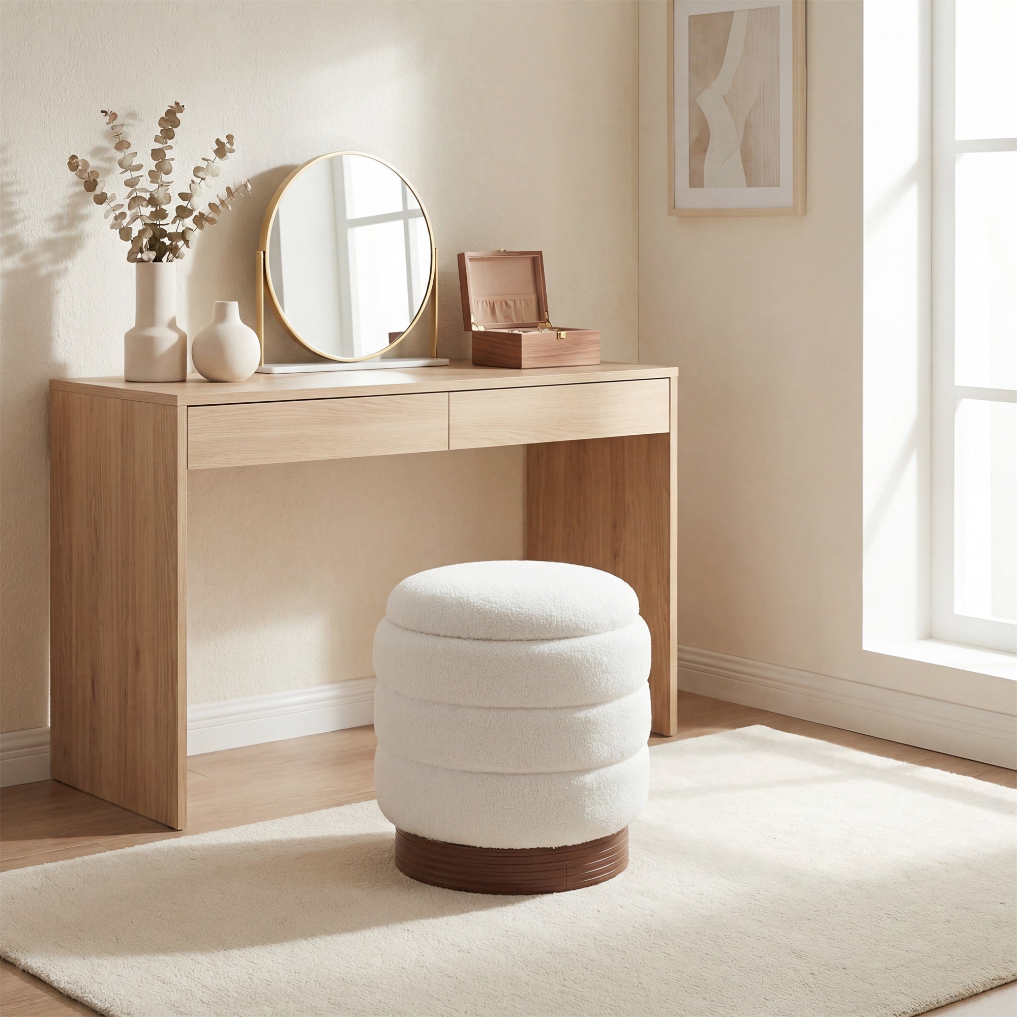 ELLEGNT 400 Lbs Capacity Swivel Footstool-Boucle Ottoman with Hidden Storage, 360¡ã Rotation, White and Brown