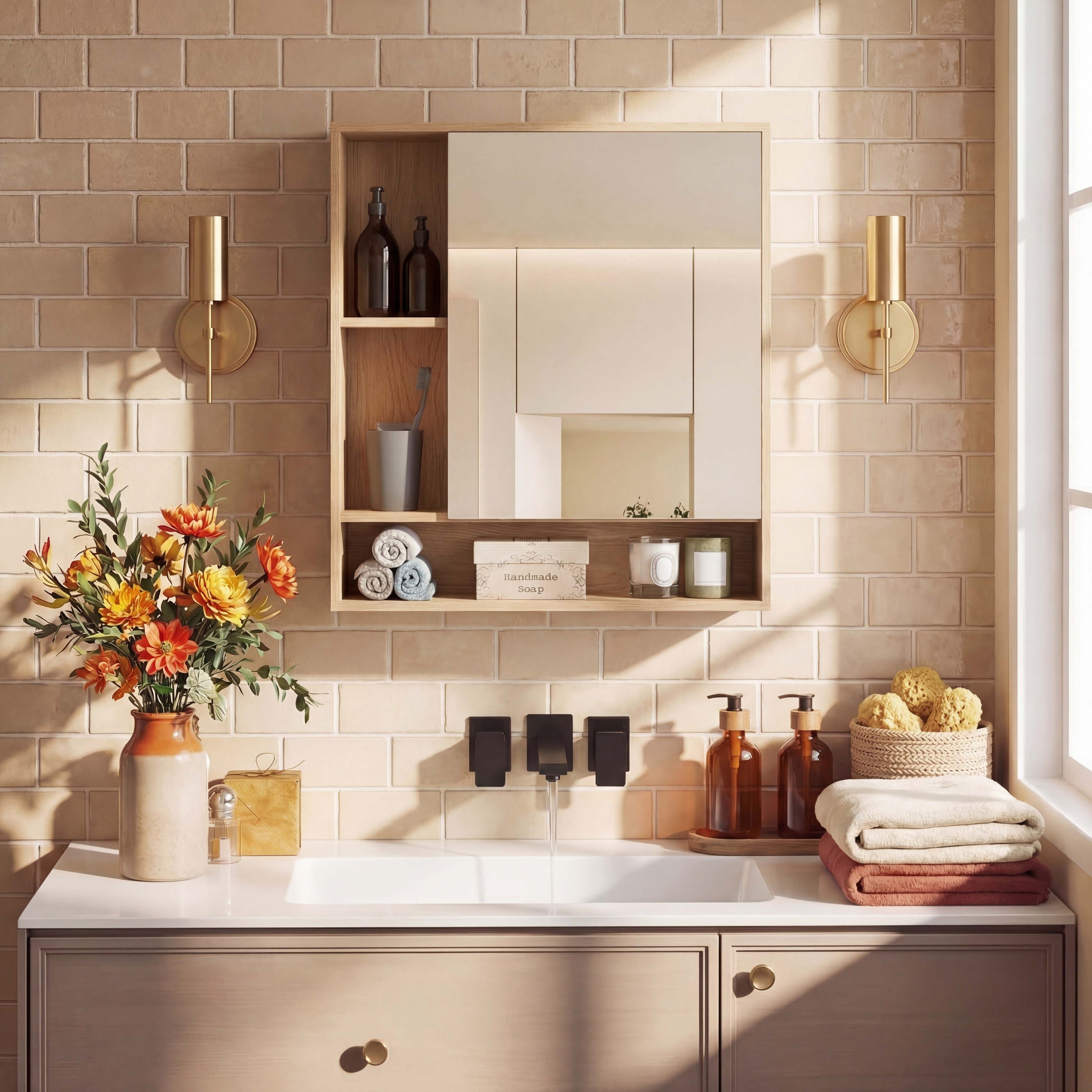 ELLEGNT Wall Mounted Bathroom Cabinet-Mirror Door, 3 Open Shelves and 1 Adjustable Shelf for Storage Natural