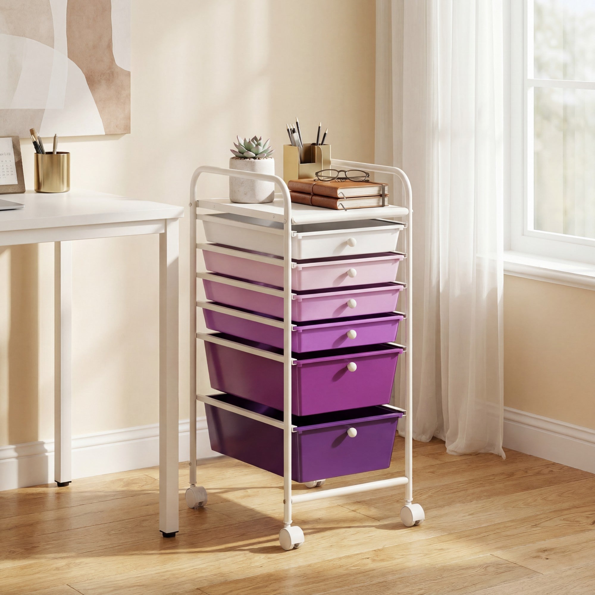 ELLEGNT 6?Drawer Rolling Craft Cart-Removable Drawers, Lockable Wheels, Metal Frame, Gradient Purple