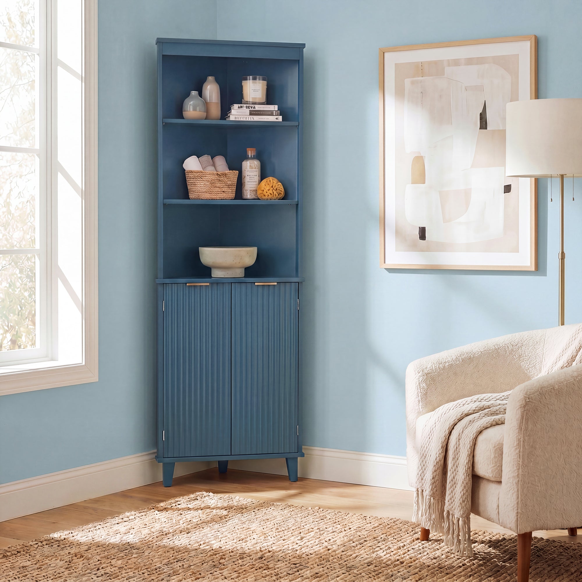ELLEGNT 68 in Corner Bathroom Floor Cabinet with Fluted Doors-Tall Storage Unit for Bathroom or Laundry Room, Blue
