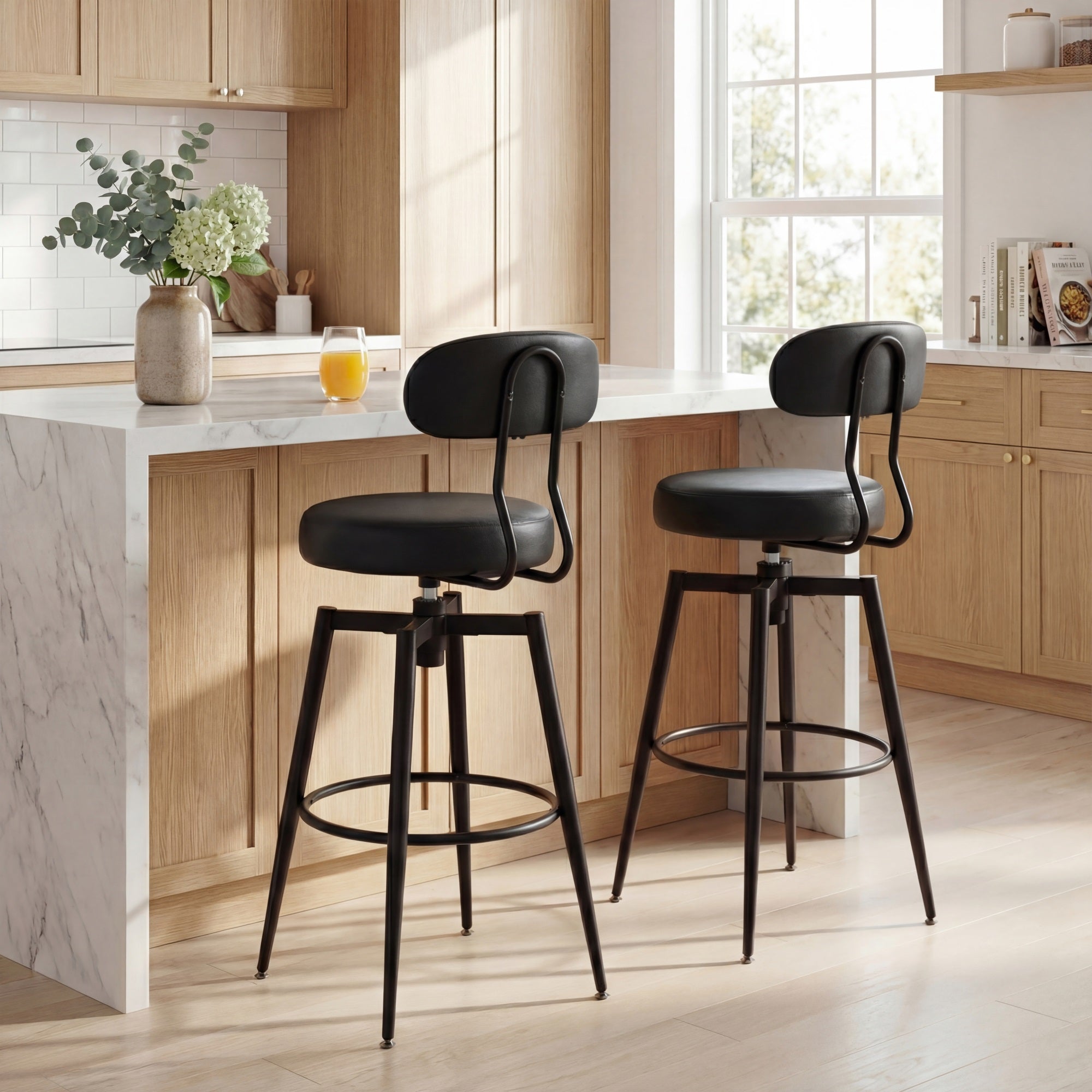 ELLEGNT 2 PCS Bar Height Swivel Stools-Faux Leather Upholstered Seat and Back, Black