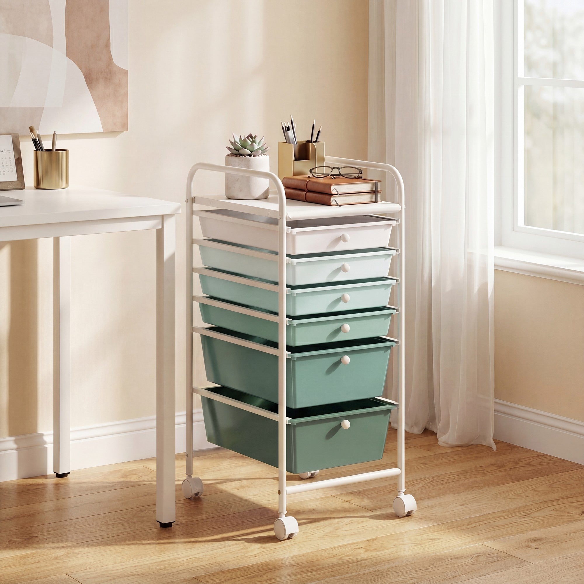 ELLEGNT 6?Drawer Rolling Craft Cart-Removable Drawers, Lockable Wheels, Metal Frame, Gradient Green
