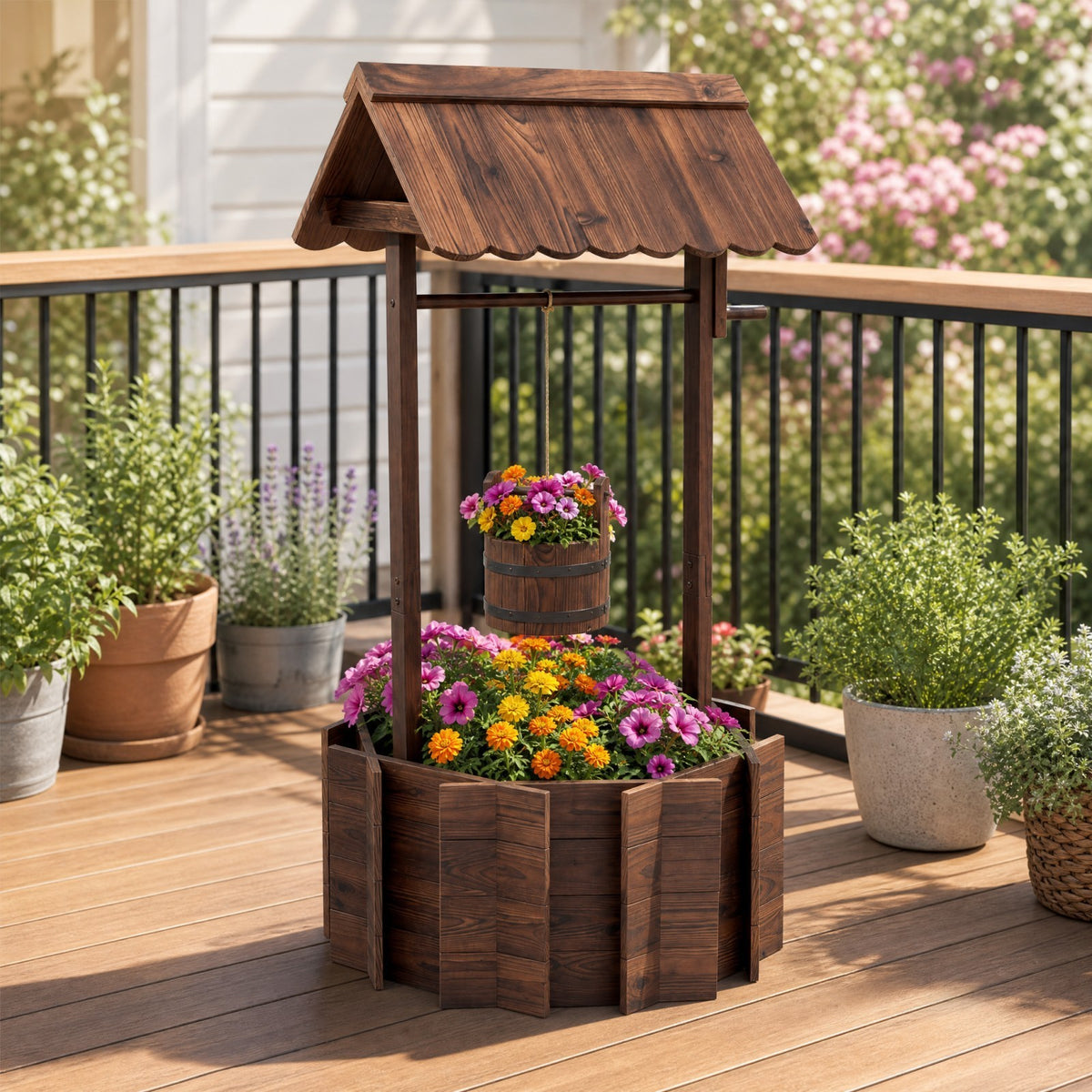 ELLEGNT Brown Fir Wood Wishing Well Planter with Hanging Bucket 22 x 22 x 47 in Garden Decor