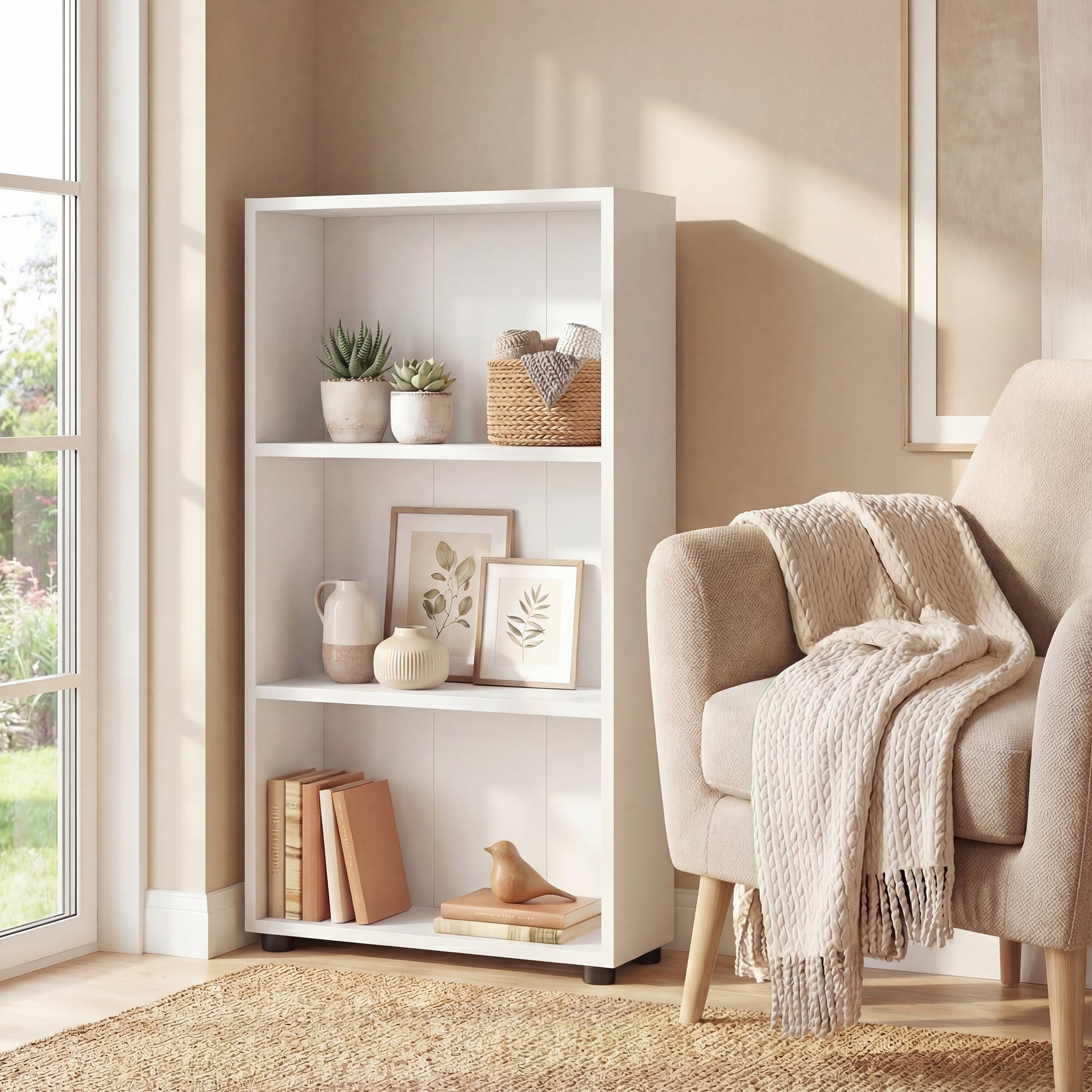 ELLEGNT 1 PCS 3-Tier Bookcase-42 in Bookshelf with Anti-Tipping Kit for Home Office, Living Room, or Study White