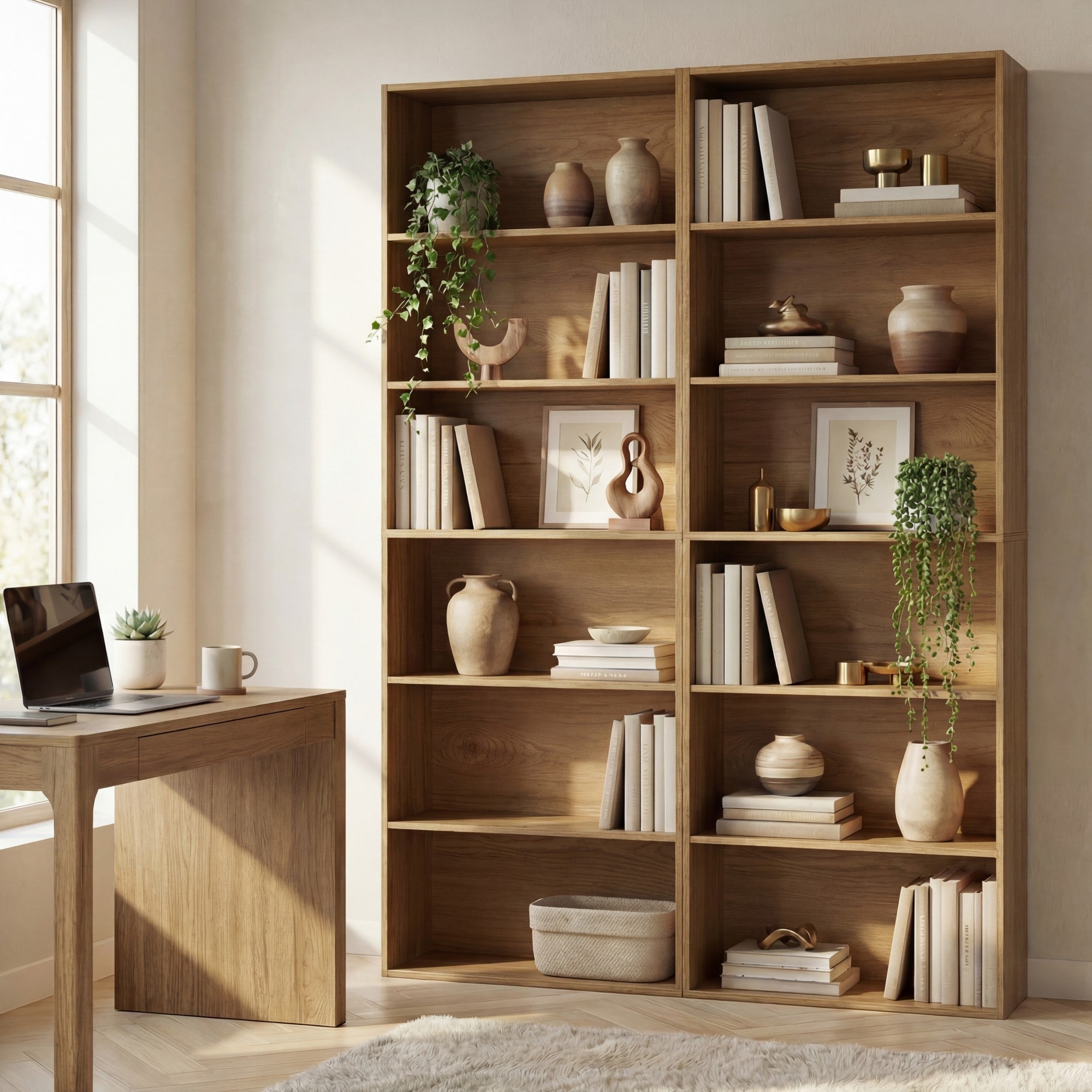 ELLEGNT 2 PCS 6-Tier Open Shelves Bookshelf with Anti-Tipping Kits- Storage Rack for Living Room, Bedroom, Study, Natural