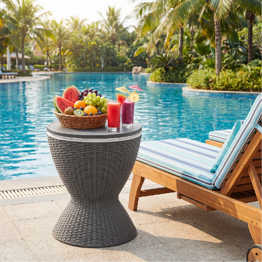 ELLEGNT Adjustable Ice Bucket Bar Table-3?in?1 Patio Rattan Cooler, 8 Gallon Capacity, Gray